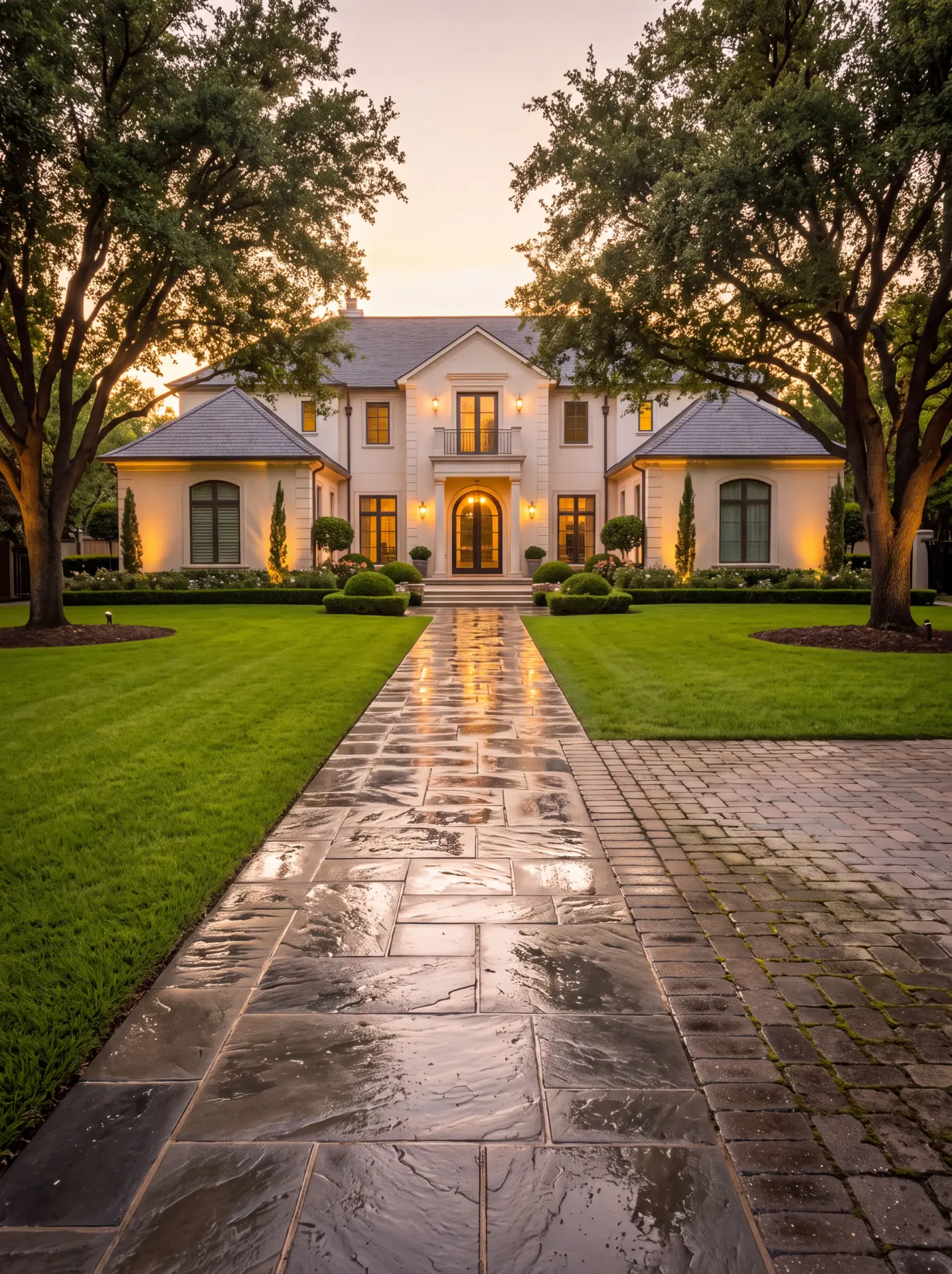 Freshly pressure washed stone walkway and paver driveway leading to a glowing luxury estate at sunset