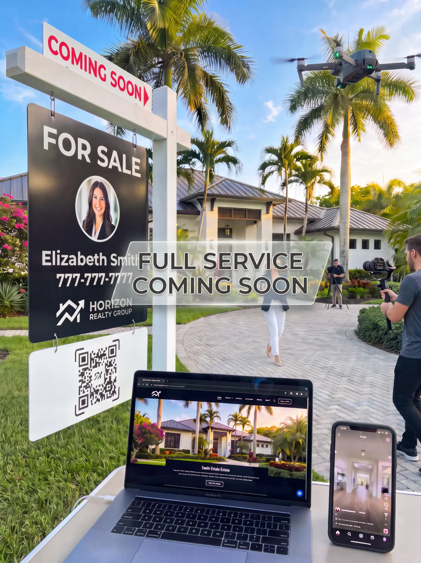 Real estate brand world package showing branded for-sale sign, QR code, listing website on laptop, Instagram reel on phone, drone, and agent video shoot
