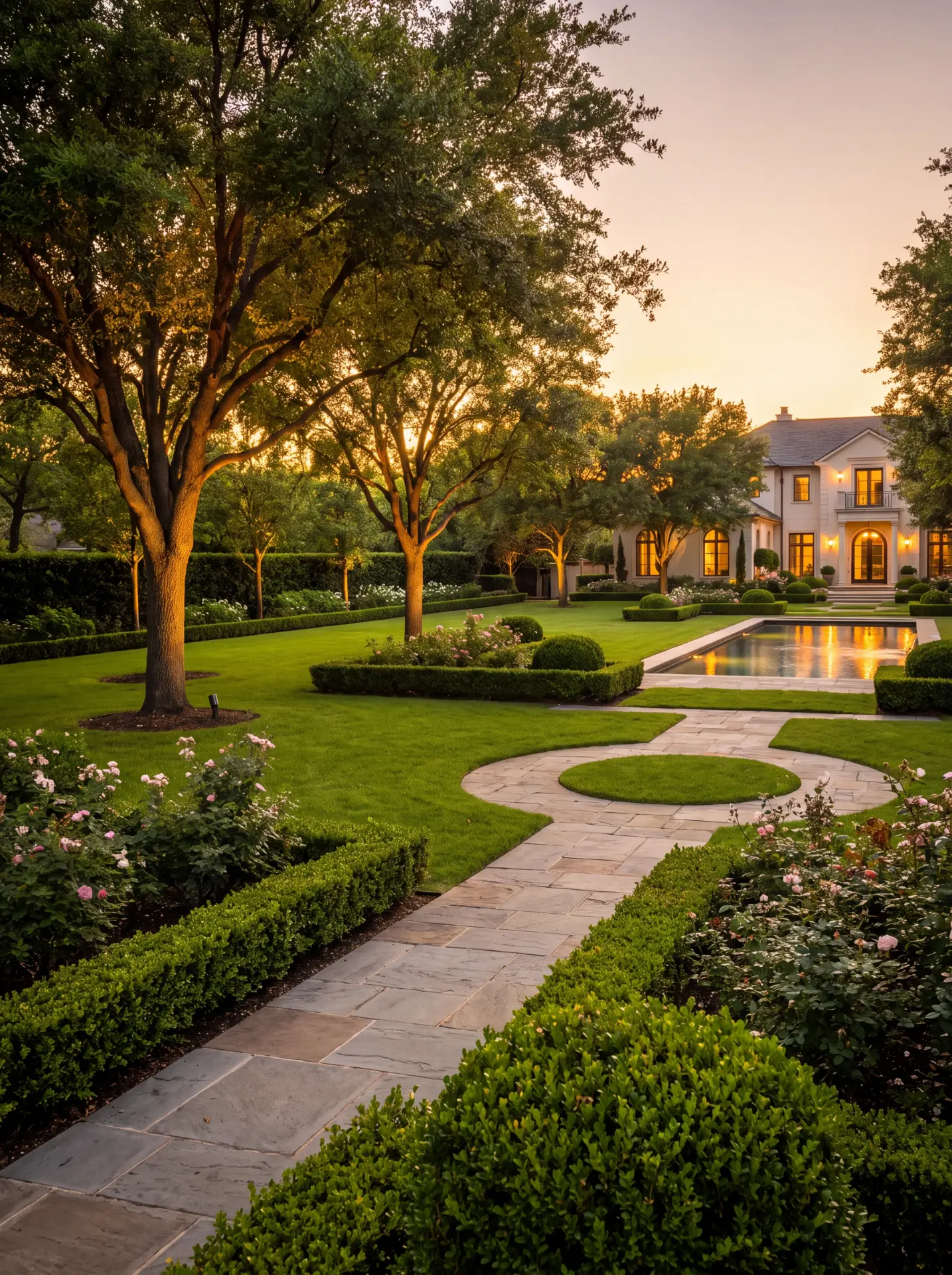 Manicured estate lawn with sculpted hedges, stone walkway and rose beds at golden hour