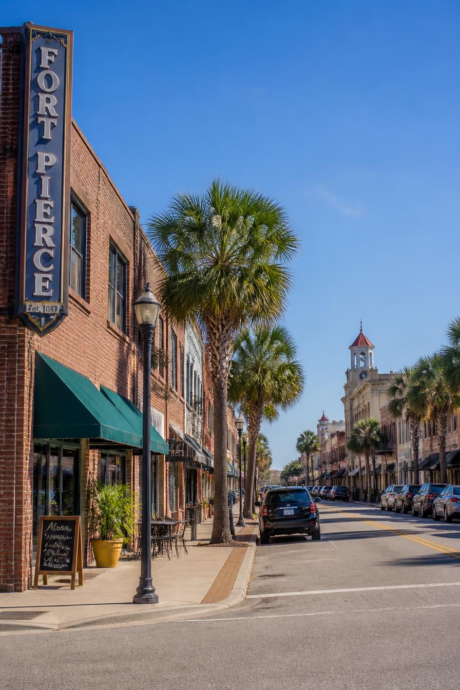 Historic downtown Fort Pierce Florida brick storefronts on a sunny day