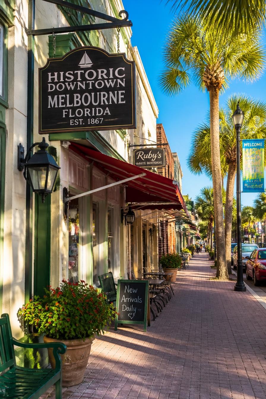 Historic downtown Melbourne Florida storefronts and sidewalk cafes in daylight