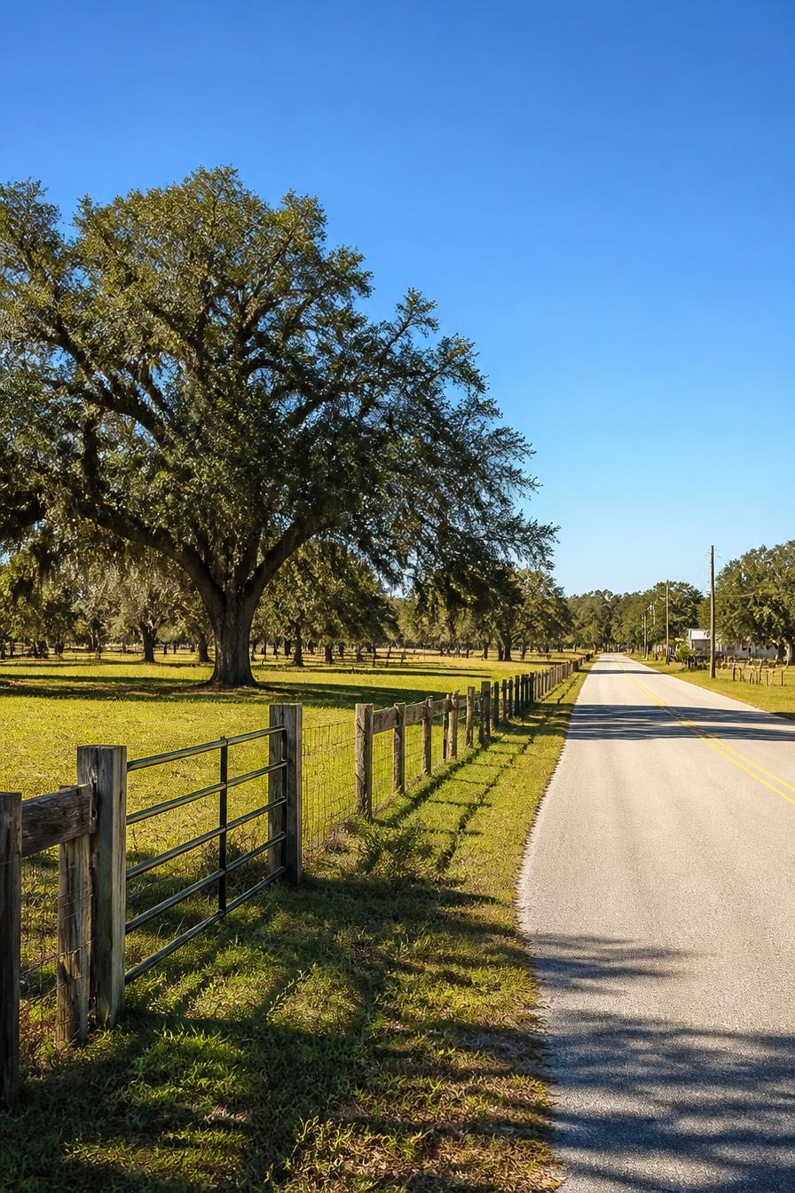 Sunny Okeechobee Florida ranch country with oak trees and pasture