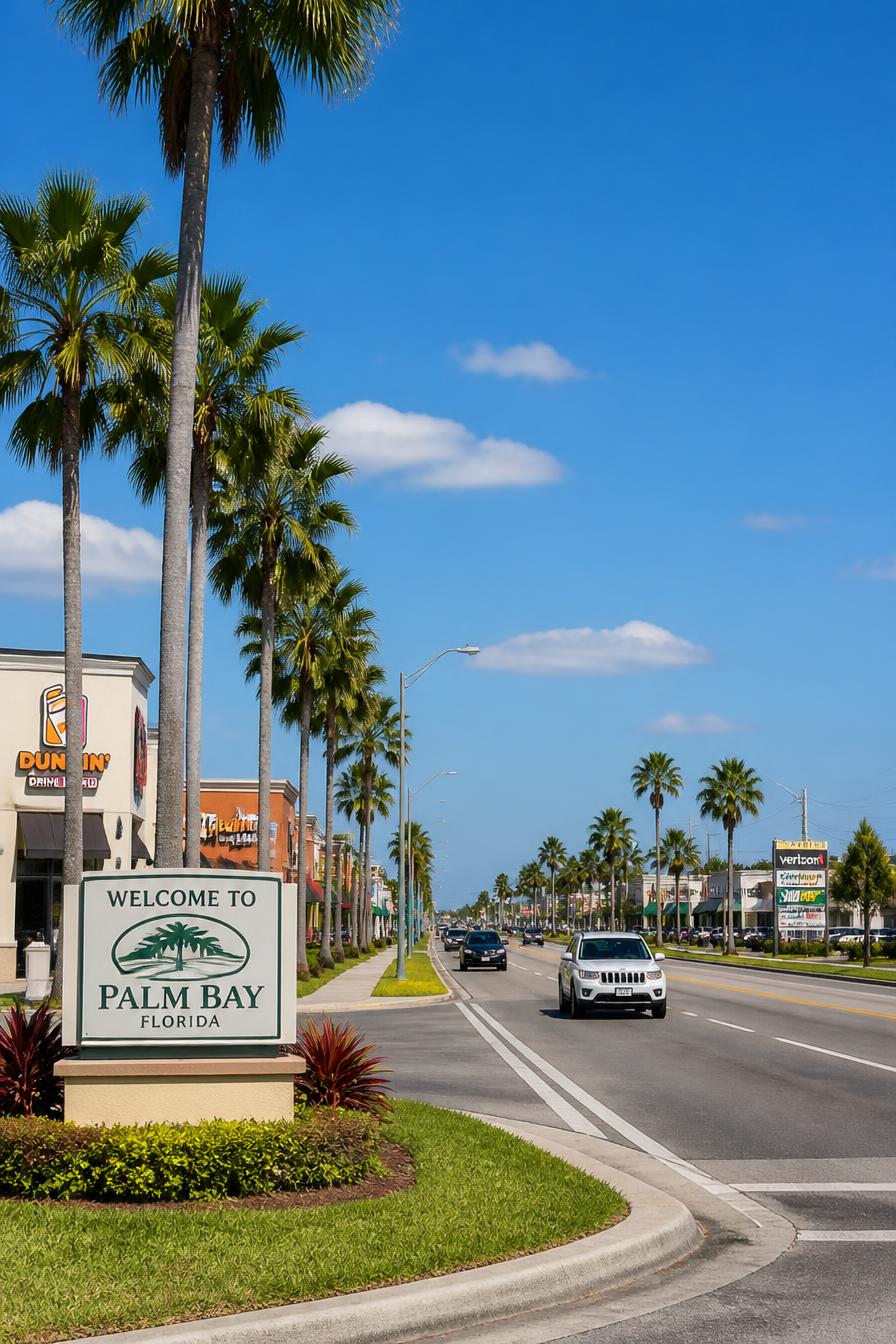 Sunny Palm Bay Florida commercial district with palm trees and local shops
