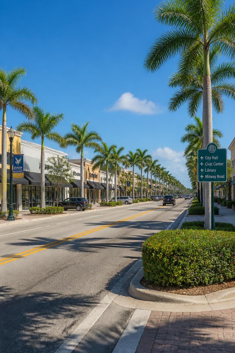 Sunny palm-lined boulevard with storefronts in Port Saint Lucie Florida