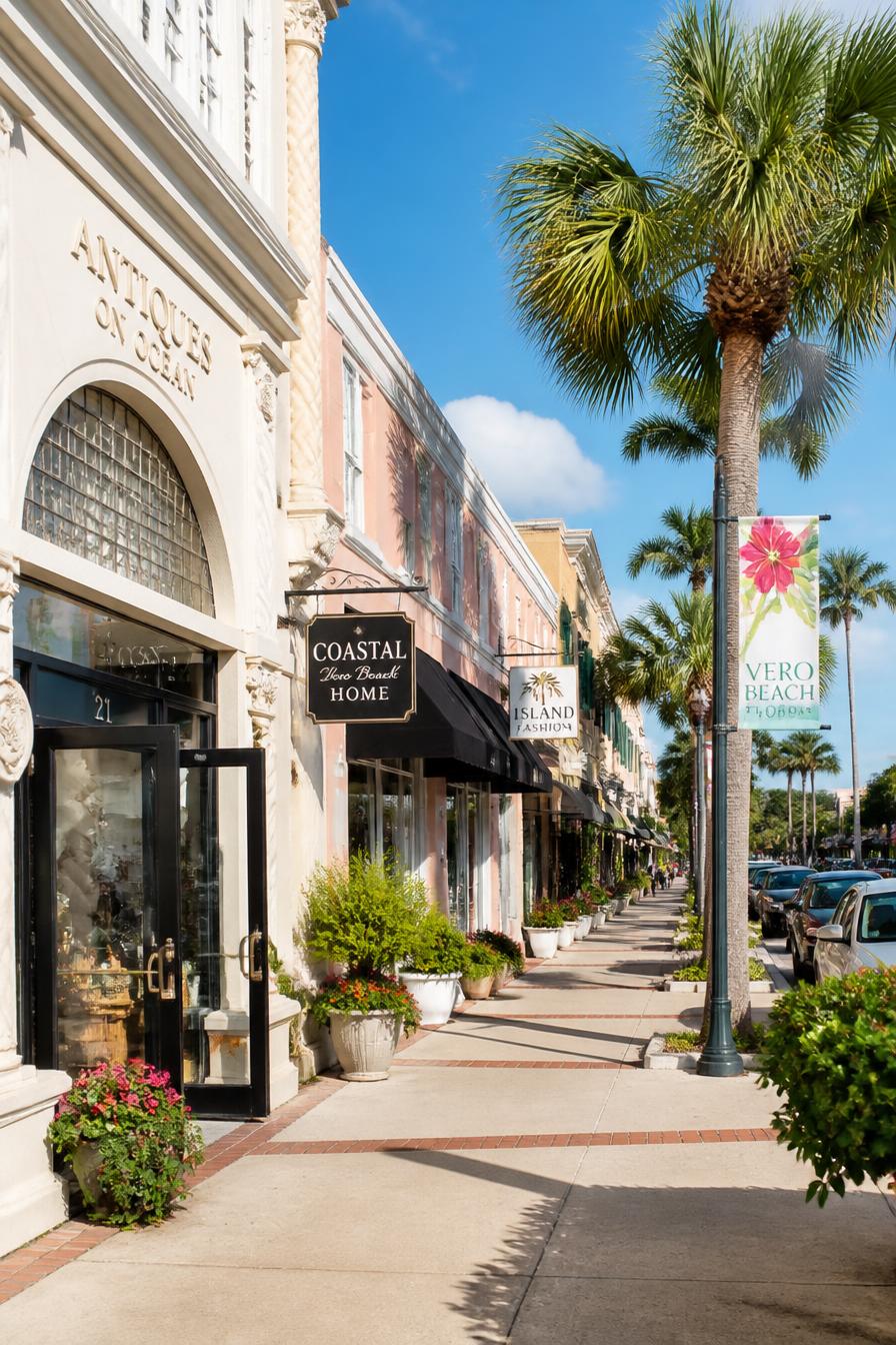 Downtown Vero Beach Florida boutique shopping street on a bright day